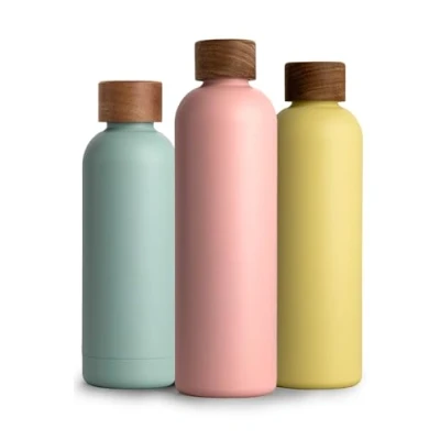 Abbildung von T&amp;N Edelstahl Trinkflasche 1 Liter, Thermosflasche 1l mit Akazienholz Deckel, Isolierte Wasserflasche auslaufsicher bei Kohlensäure, Isolierflasche 1000ml Nude