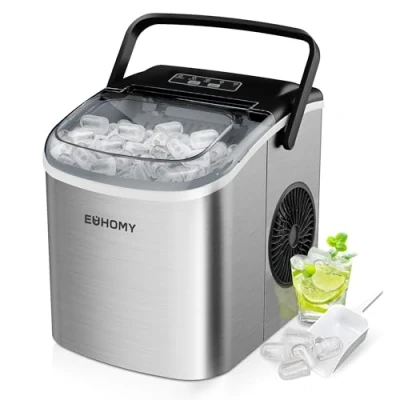 Abbildung von EUHOMY Eiswürfelmaschine Klein, 9 Eiswürfel in 6 Minuten, 12 kg/24H, Edelstahl mit Tragbarem Griff, Selbstreinigender Kompakter Eiswürfelmaschinen für Zuhause/Küche/Büro/Bar