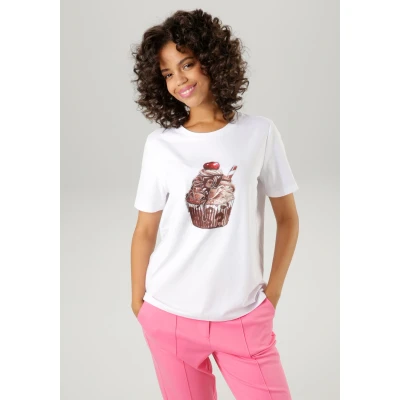Abbildung von Aniston CASUAL T Shirt, mit Glitzersteinchen verzierter Cupcake Frontdruck NEUE KOLLEKTION