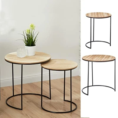 Abbildung von Cepewa 2er Set Beistelltisch Industrie Design Metall Holz Tischplatten 34cm / 44cm Tisch Wohnzimmertisch