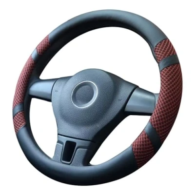 Abbildung von Lifetooler Auto Lenkradbezug Leder Ice Silk Universal 38cm(15&quot;) Lenkradhülle Atmungsaktiver Anti Rutsch Steering Wheel Cover für Van Truck SUV (weinrot)