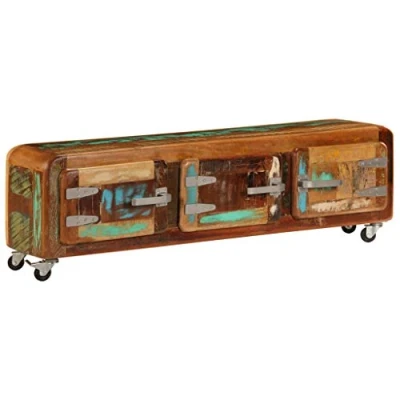 Abbildung von Festnight TV Schrank Lowboard Holz Fernsehtisch Fernsehschrank mit 3 Türen und 4 Rollen Vintage M?Bel 120 x 30 37 cm Recyceltes Massivholz