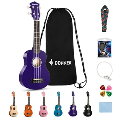 Abbildung von Donner Ukulele für Anfänger Sopran Kit 21 Zoll Lila mit Nylon Saiten Hawaii Gitarre