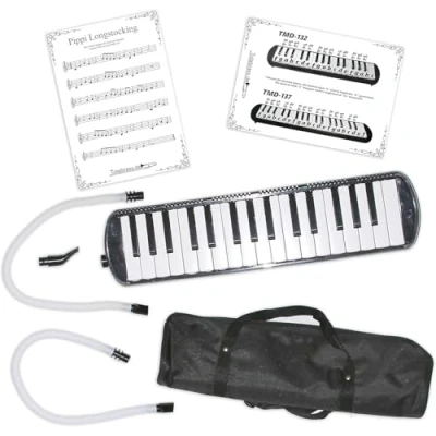 Abbildung von Tuyama Melodica TMD 132 mit Tasche, Mundstück, 2 Mundschläuchen und Notenbeispielen (32 Tasten)