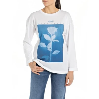 Abbildung von Replay Damen Langarmshirt aus Baumwolle, White 001 (Weiß), S