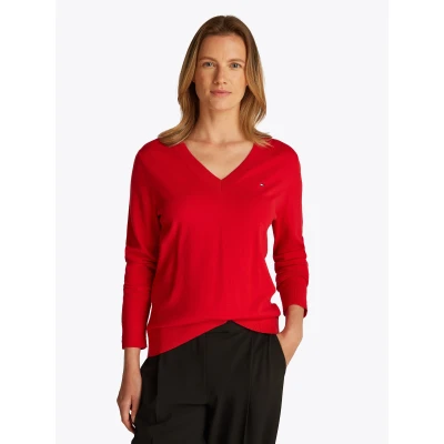 Abbildung von TOMMY HILFIGER Damen Sweater CO Jersey Stitch V NK Pullover WW0WW40098, Red (Primary Red), XL