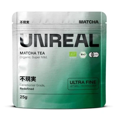 Abbildung von UNREAL® Ceremonial Bio Matcha 100% Japanischer Zeremonieller Grüntee Premium Qualität aus Shizuoka für Tee, Latte &amp; Smoothies Besonders fein vermahlen maximale Cremigkeit 25g