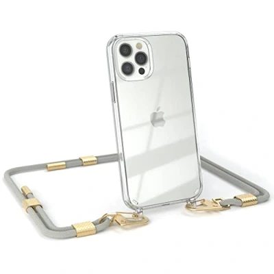Abbildung von EAZY CASE kombinierbare Handyketten kompatibel mit iPhone 12/12 Pro, Transparente Silikon Hülle stylischen rundem Umhängeband, abnehmbar durch Karabiner, Gurt zum wechseln, Taupe Clips Gold