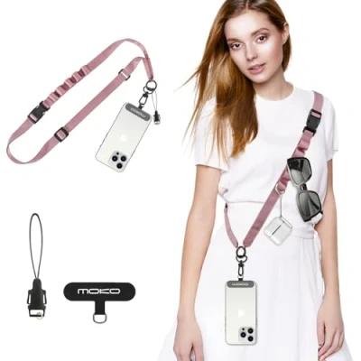 Abbildung von MoKo Universal Phone Lanyard, Nylon Verstellbarer Handy Crossbody Gurt Abnehmbare Frauen &amp; Männer Lanyards um den Hals mit Patches für iPhone, die meisten Smartphones, Roságold