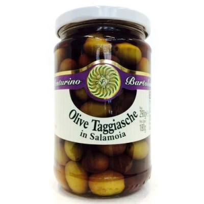 Abbildung von Oliven Mischung, grüne &amp; schwarze Taggiasca Oliven, mit Kern, in Lake, Venturino, 500g