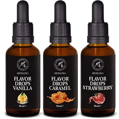 Abbildung von Flavour Drops Set 3 x 50 ml Karamell &amp; Vanille Erdbeere Geschmackstropfen Dunkle Pipetten Glasflasche Geschmacks Tropfen Flüssig für alle Lebensmittel Süßungsmittel mit Geschmack Vegan