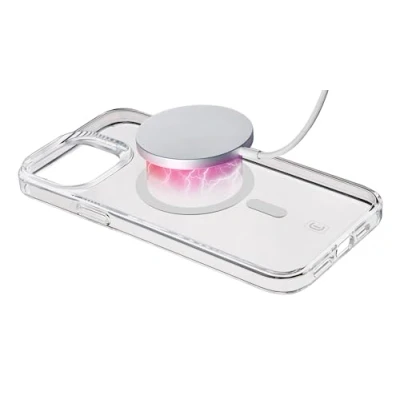 Abbildung von Cellularline Gloss Mag iPhone 15 Pro Max Hülle mit Magneten zum Laden und der Befestigung an den Magsafe Feeder Transparent