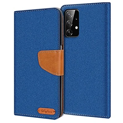 Abbildung von Verco kompatibel mit Samsung Galaxy A72 Hülle, Schutzhülle für Tasche Denim Textil Book Case Flip Klapphülle, Blau