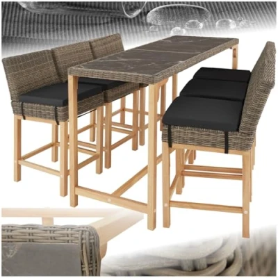 Abbildung von tectake® Rattan Bartisch mit Barhocker Set, Outdoor Balkon Möbel, Gartenmöbel Set Stehtisch und 6X Barstuhl Lehne, Theke in Marmor Optik, für Garten, Terrasse, grau