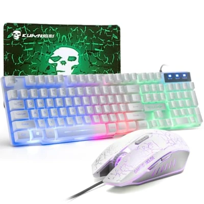 Abbildung von Gaming Tastatur und Maus Set, 104 Tasten Rainbow Backlit QWERTY UK Layout + 2400 DPI 4 Atemmaus Mauspad Kombination, USB Kabel Kompatibel mit PS4 Xbox (Need Adapter) Weiß