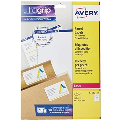 Abbildung von Avery Selbstklebende Adress Versand Etiketten, Laserdrucker, 14 Etiketten pro A4 Blatt, 140 UltraGrip (L7163), Weiß