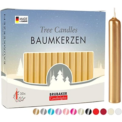 Abbildung von BRUBAKER Tafelkerze Baumkerzen aus Wachs (1 Packung Christbaumkerzen, 20 tlg), rauchfreie und geruchsneutrale Pyramidenkerzen, Wachskerzen für Weihnachtsdekoration, bunte Weihnachtskerzen