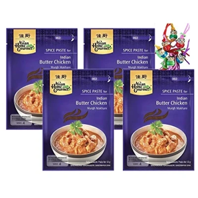 Abbildung von yoaxia ® 4er Pack [ 4x 50g ] ASIAN HOME GOURMET Würzpaste für indisches Huhngericht mit Butter / Chicken Murgh Makhani + ein kleiner Glücksanhänger gratis