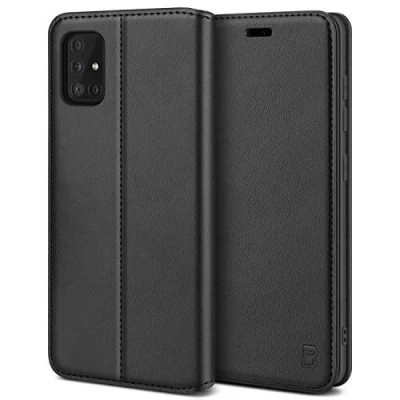 Abbildung von BEZ Handyhülle für Samsung A51 Hülle, Premium Tasche Kompatibel Galaxy A51, Schutzhüllen aus Klappetui mit Kreditkartenhaltern, Ständer, Magnetverschluss, Schwarz