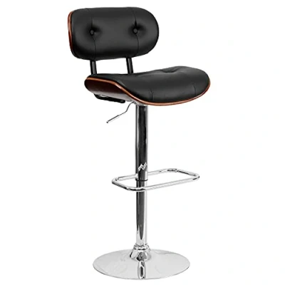 Abbildung von Flash Furniture Barhocker aus Walnussholz mit Verstellbarer Höhe und Knöpfen gestepptem schwarzem Vinyl Polster