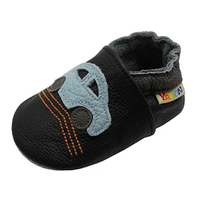 Abbildung von YALION Premium Weich Leder Babyschuhe Krabbelschuhe Lauflernschuhe Hausschuhe mit Auto Schwarz, EU 20/21=M