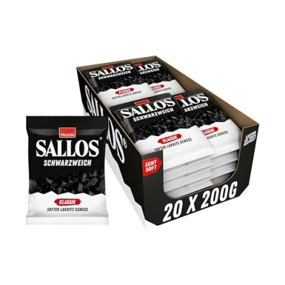 Abbildung von SALLOS Schwarzweich Klassik Vorrats Pack Soft Lakritz feinwürzig, aus natürlichem Süßholzsaft, würziges Weichlakritz, vegan, im Pack, 20 x 200 g