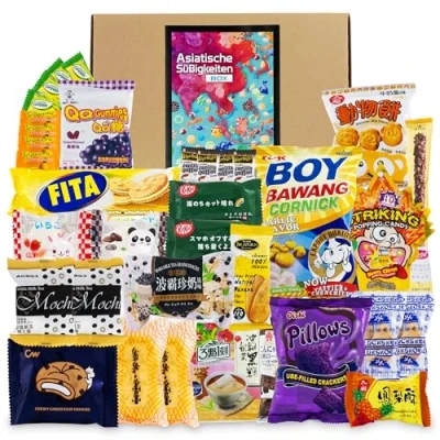 Abbildung von Asiatische Süßigkeiten Box mit über 30 Snacks Asia Candy Mix Chips, Schokolade, Crackern und Keksen aus Korea, Taiwan, Japan, China, Thailand, Indien uvm. Probierbox Spezialitäten Asien