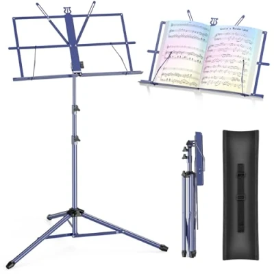 Abbildung von Notenständer Klappbar Stabil 2 in 1 Doppelnutzung Gitarre Höhenverstellbar Notenpult mit Tragetasche Music Stand für Kinder und Erwachsene (Blau)