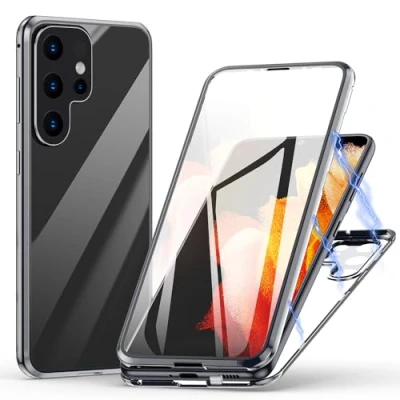 Abbildung von Hülle für Samsung Galaxy S22 Ultra 5G, Magnetische Adsorption Handyhülle 360 Grad Schutz Aluminiumrahmen mit Gehärtetes Glas, Starke Magneten Stoßfest Metall Flip Case Cover Silber