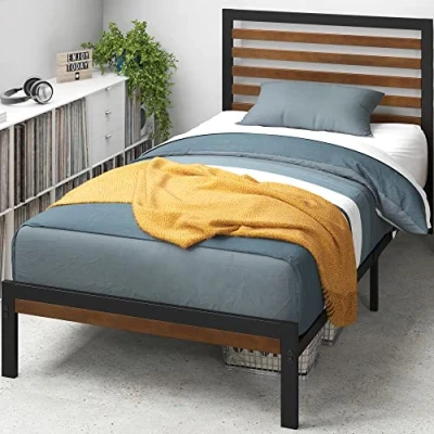 Abbildung von Zinus Kai Bett 90x200 cm Höhe 23cm Bambus und Metall Plattform Bettgestell mit Kopfteil Stahl Lattenrost Braun Schwarz