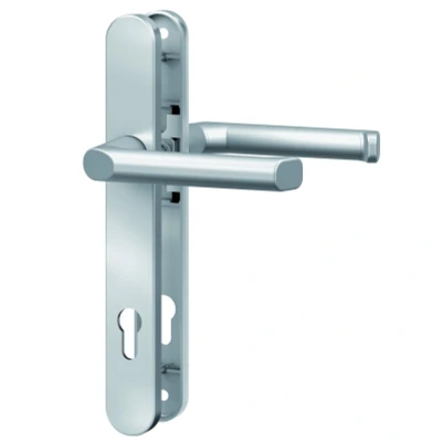 Abbildung von BASI Schmalrahmen Drücker Garnitur rund Alu silber lackiert Lochung: PZ 92/8 mm