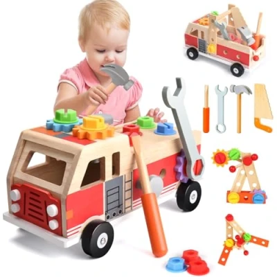 Abbildung von Nauotk Werkzeugkoffer Kinder Werkbank, Montessori Werkzeug Holzspielzeug Spielzeug ab 2 3 4 Jahre, Kinderwerkzeug Werkzeugwagen, Werkzeuggürtel Koffer Lernspiele Geschenk Junge Mädchen Jahren