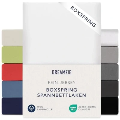 Abbildung von Dreamzie Premium Spannbettlaken 180x200 cm 200x200 37cm Seitenhöhe auch für Boxspringbett &amp; Wasserbett Bettlaken 100% Jersey Baumwolle, 150 g/m² Oeko TEX Weiß