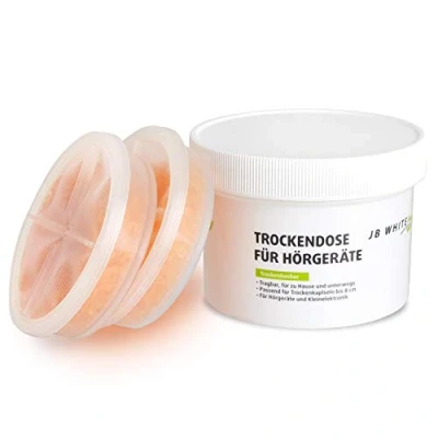 Abbildung von JB White Trockendose mit 2 Stück XXL (78mm / 40g) regenerierbaren Trockenkapseln zur Trocknung von Elektronik, Hörgerät, Otoplastik und Actioncam, Trockenbecher für Hörgeräte (Ø 8,5cm H 6,5cm)