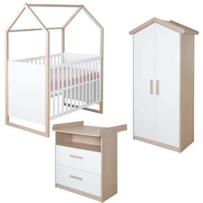 Abbildung von roba® Babyzimmer Komplettset Cabane modernes Kinderzimmer in Hausoptik, (Set (3 tlg), 2in1 Baby &amp; Beistellbett, Wickelkommode, Kleiderschrank), zweifarbige Optik: Weiß mit Eichen Dekor Griffe aus Echtholz