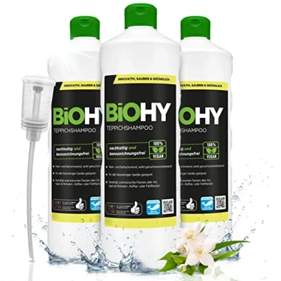 Abbildung von BiOHY Teppichshampoo (3 x 1 Liter) + Dosierer Teppichreiniger Konzentrat ideal gegen hartnäckige Flecken materialschonend &amp; tierfreundlich effektives Bio Mittel kraftvoller Teppich Schaum