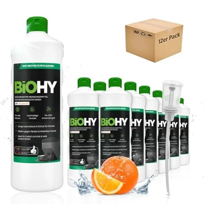 Abbildung von BiOHY Wischroboter Reinigungsmittel für Reinigungsstationen mit Orangenduft (12 x 1 Liter) + Dosierer Verlängert die Lebensdauer der Absaugstation Schaumarmes Bodenreiniger Konzentrat