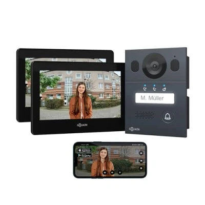 Abbildung von GOLIATH Basic Video Türsprechanlage, 2 Draht Bus, 2X 7 Monitor, Unterputz Türklingel mit Kamera, Gegensprechanlage Türöffner und Klingel, 1 Familienhaus, Plug &amp; Play, Smartphone App, AV BLS 07U