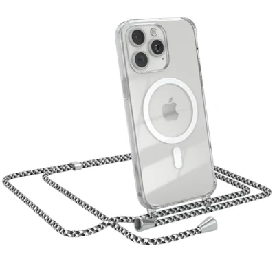 Abbildung von EAZY CASE Handykette kompatibel mit iPhone 15 Pro Max Kette zum Umhängen Stoßfest Handyhülle für Silikon Hülle Band Transparent als Fallschutz in Schwarz Camouflage