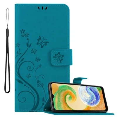 Abbildung von Cadorabo Hülle kompatibel mit Samsung Galaxy A04s / A13 5G M13 in FLORAL BLAU Schutzhülle im Blumen Design Magnetverschluss, Standfunktion und Kartenfächern