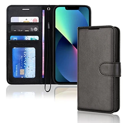 Abbildung von TECHGEAR hülle iPhone 13 Mini Leder PU Flip Schutzhülle Ledertasche [Brieftasche] Handyhülle mit Ständer und Handschlaufe Schwarz Kompatible