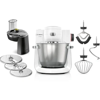 Abbildung von BOSCH Küchenmaschine &quot;Serie 6 MUMS6EW13D, Durchlaufschnitzler, Edelstahlschüssel, weiß&quot;, 7 Stufen, 3 Scheiben, Knethaken/Rühr /Silikonbesen, spülm.fest