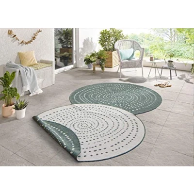 Abbildung von NORTHRUGS in und Outdoor Teppich Bali Rund ⌀140cm Wendeteppich Wetterfest Modernes Punkte Design Läufer für Balkon Terrasse Garten Wintergarten Wohnzimmerteppich Wasserfest Grün Creme