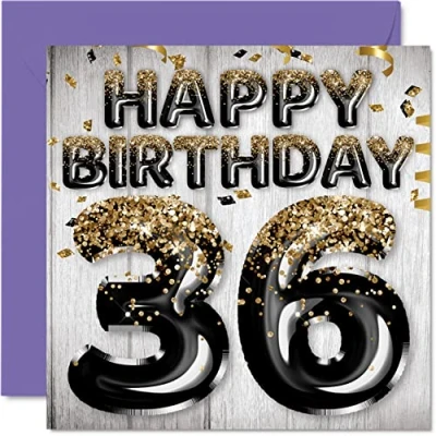 Abbildung von Geburtstagskarte zum 36. Geburtstag für Männer schwarze und goldene Glitzerballons Happy Karten 36 Jahre alten Mann Freund Bruder Papa Onkel 145 mm x Grußkarten Geschenk