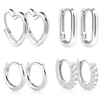 Abbildung von VIVIIHOO 4 Paar Silberne Ohrringe Damen Set Creolen und Ohrstecker Silber 925,Huggies Quadratische Ohrringe,Ohrringe für Empfindliche Ohren,Ohrringe Frauen