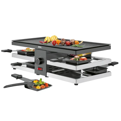 Abbildung von Spring FUN Raclette 8 Personen Schwarz, Tischgrill elektrisch, Antihaftbeschichtete Alu Grillplatte, Pfännchen &amp; Schaber, Abstellebene, 47x24x15 cm, 1300W, Grill