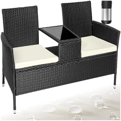 Abbildung von tectake 404557 Poly Rattan Gartenbank mit Tisch, 2 Sitzer Bank, 131 x 61 82 cm, Sitzbank für Garten Balkon und Terrasse, Gartensitzbank inkl. Sitzkissen, schwarz beige