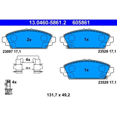 Abbildung von ATE 13.0460 5861.2 Bremsbelagsatz mit akustischer Verschleißwarnung Bremssattelschrauben Zubehör HONDA: CIVIC 7 Hatchback, Accord 6 Limousine