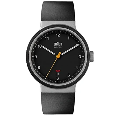 Abbildung von Braun Automatic 3 Hand 40mm Mens Watch with Date Analogue Watch, Rubber Strap, Stainless Steel Case Black Dial, Model BN0278BKBKG.