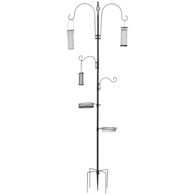 Abbildung von Vogel Futterstation Set aus Stahl Höhe 208 cm inkl. 4 Haken Vogeltränke Futterteller Vollständiges Futtersäulen Vogelfutterspender Station Schwarz